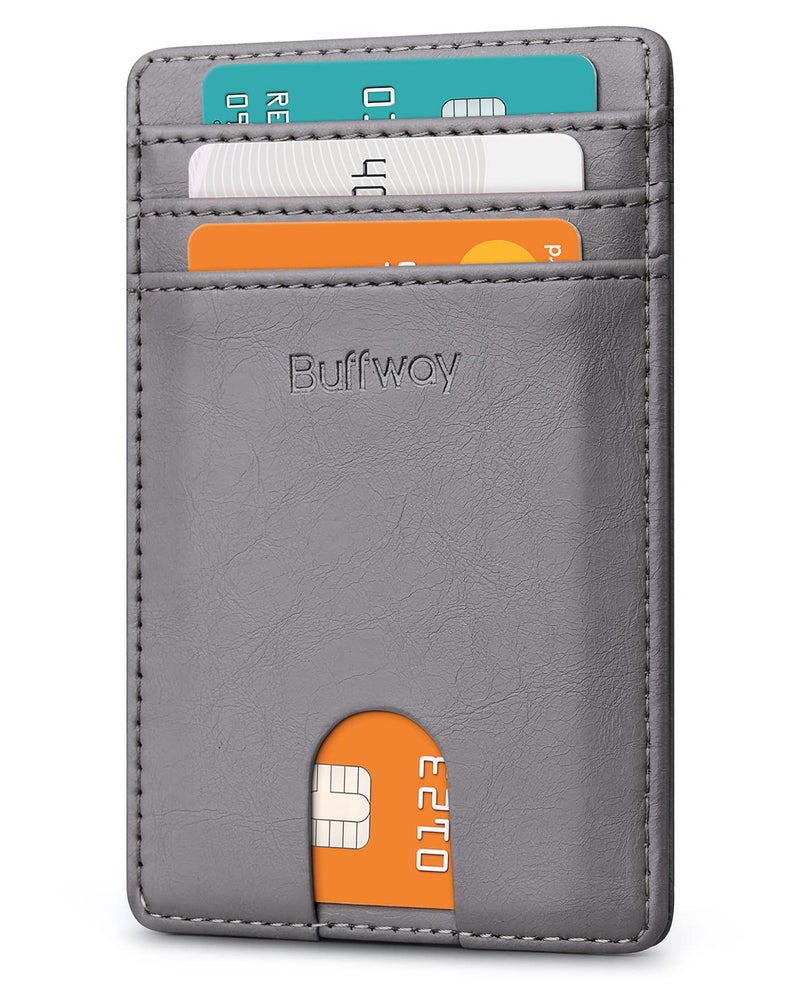 Buffway Mens Slim Wallet, Minimalist Thin Front Pocket Leather Credit Card Holder with RFID Blocking for Work Travel - Seattle Grey - Image 1